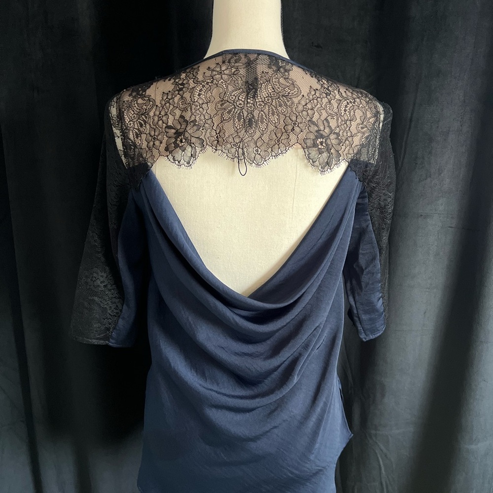BCBGMaxAzria Navy Lace Accent Blouse